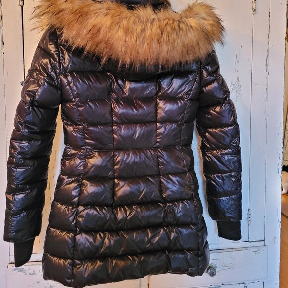 S13 Women's High-Shine Black Puffer Coat with Faux-Fur Hood XS - Picture 3 of 9